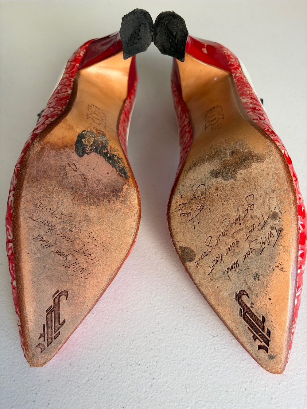 John Fluevog Millie Red Floral Patent Mary Jane Heels Pumps Size 8.5 - Picture 11 of 16